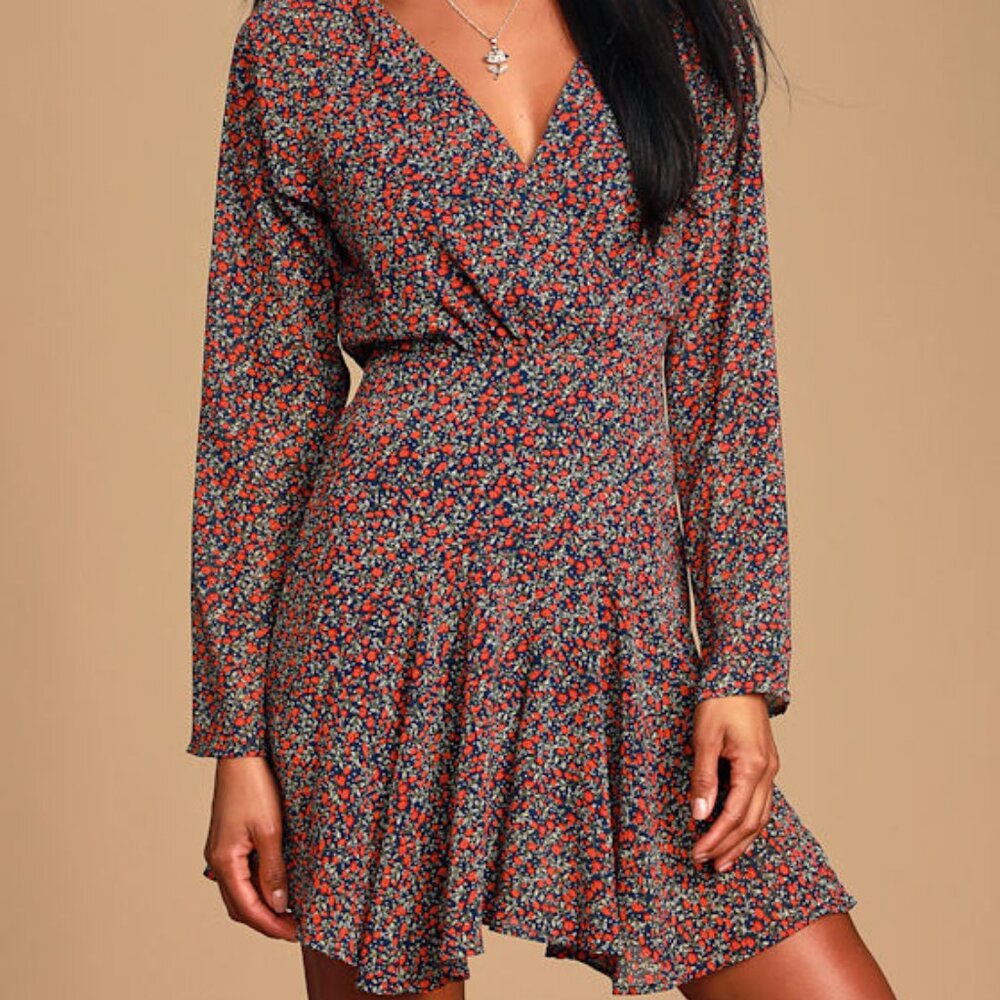 Lulus 30% Pm Marlow Navy Blue Floral Print Long Sleeve Backless Romper